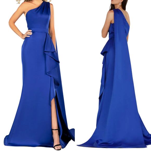 Terani Couture Dresses & Skirts - TERANI COUTURE DRESS 12 GOWN ROYAL BLUE RUFFLE ONE SHOULDER DRAPE CAPE LONG MAXI